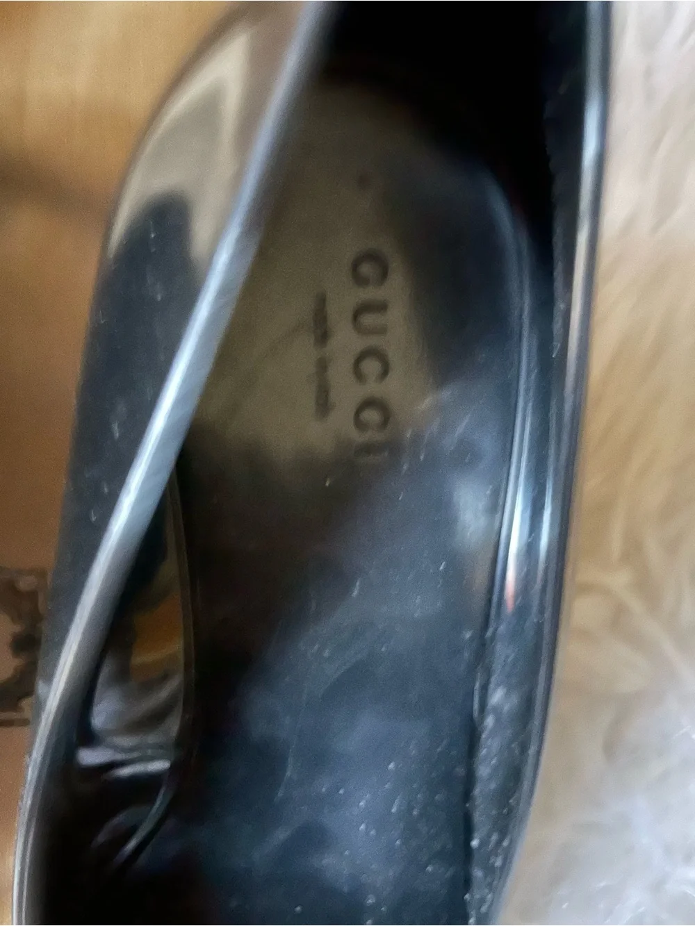 Gucci Glossy Black Patent rubber interlocking GG logo